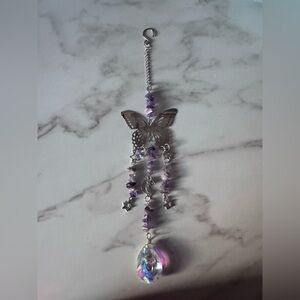 Silver and Purple Butterfly Sun-catcher with Crystal Pendant